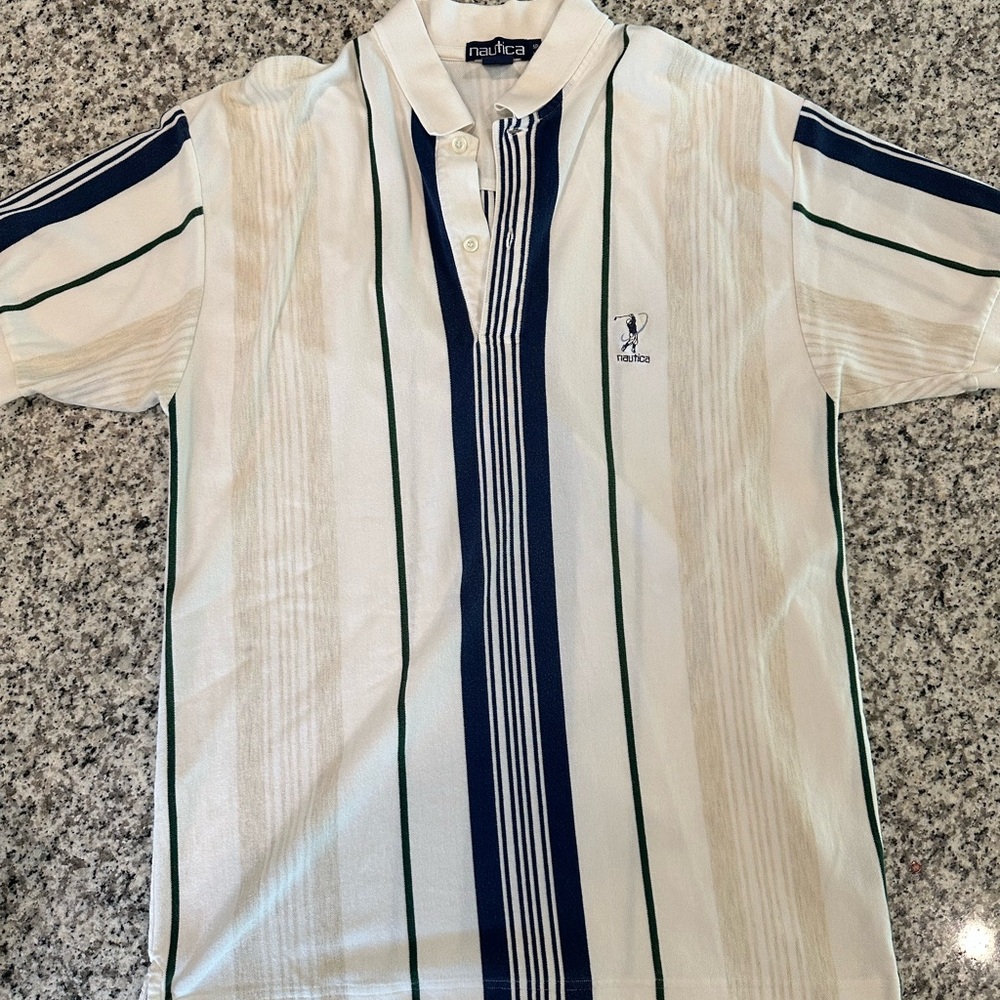 Vintage Nautica Men's Striped Polo Shirt - White, Khaki, and Navy Size Large